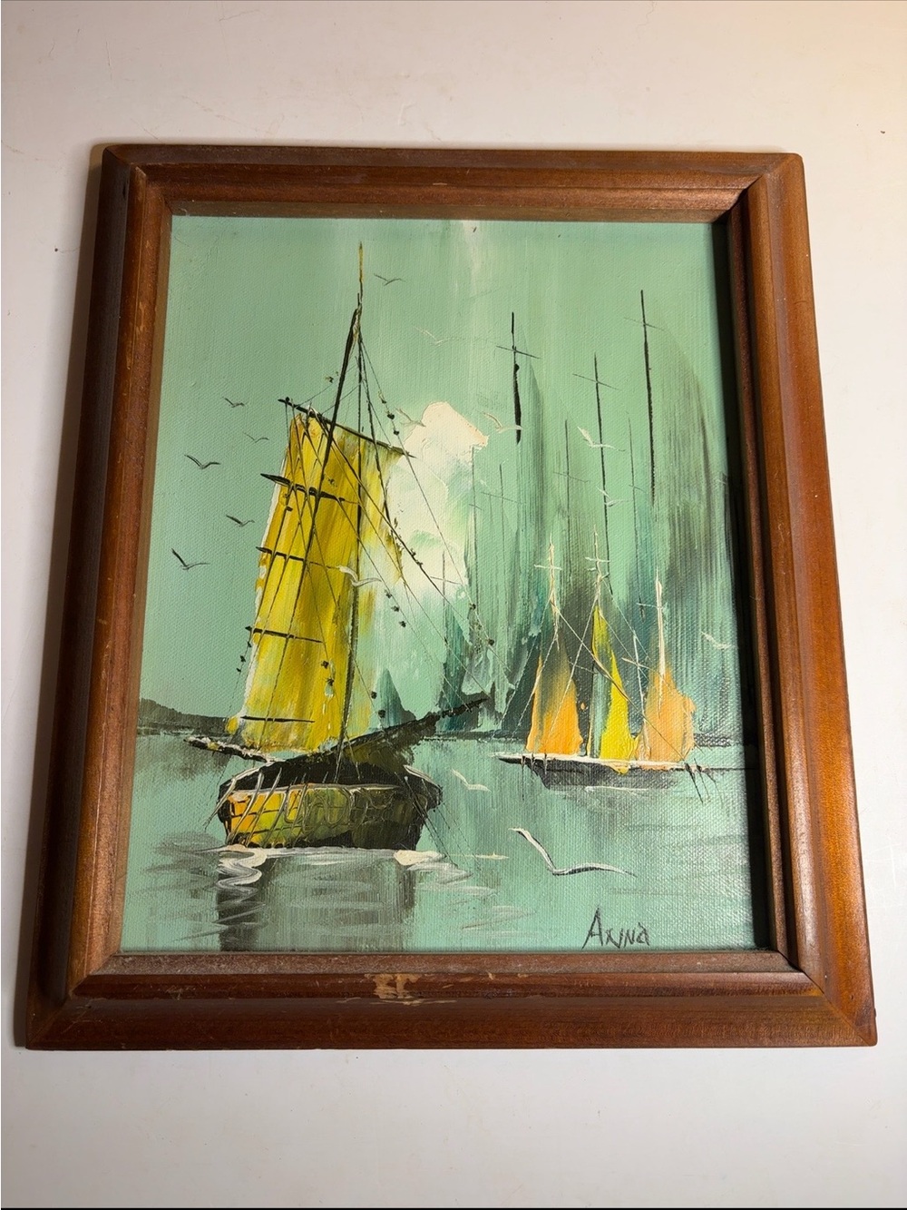 Stunning Teal and Yellow Sailing Vessels Coastal Painting
